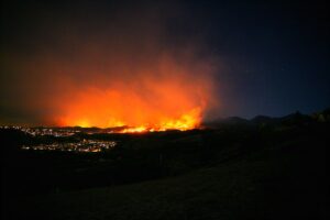A natural wildfire in Orange County, California, at night. 