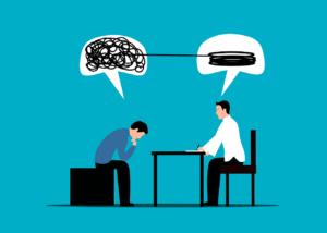 A graphic showing two men sitting across from each other in a therapy session.