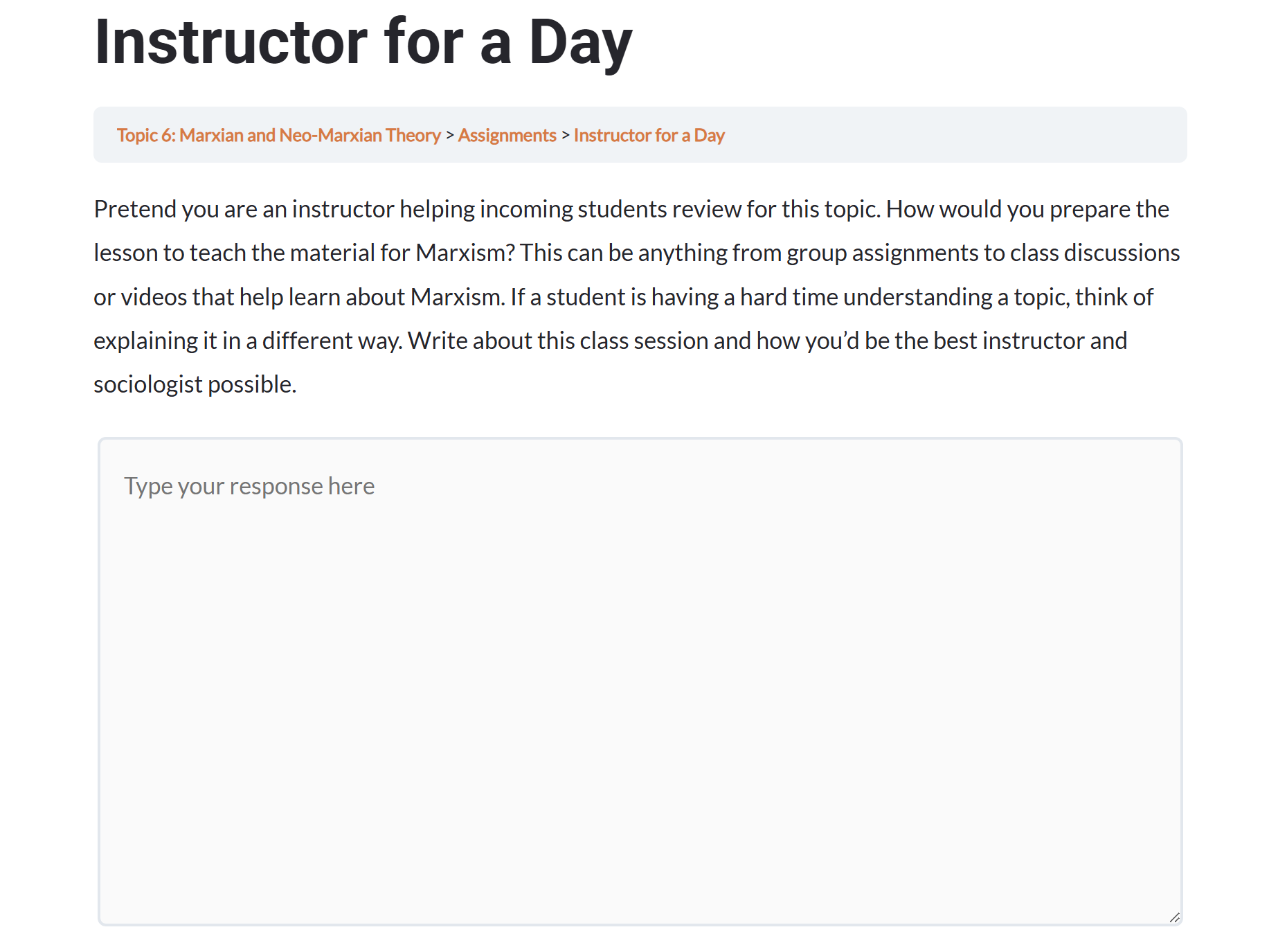 A sample Instructor for a Day application assignment from Engagement Packages.