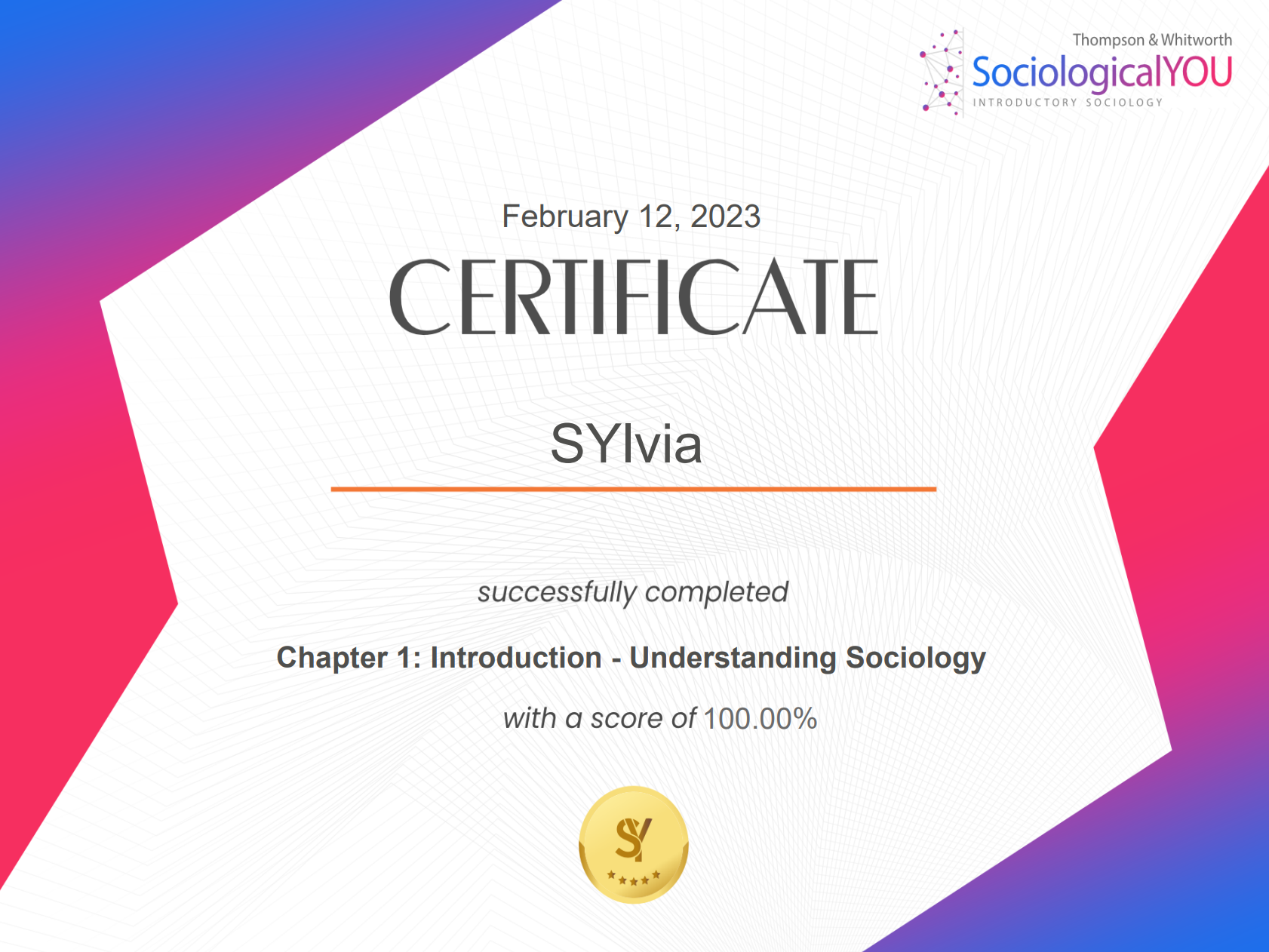 A sample downloadable chapter completion certificate from SociologicalYOU.