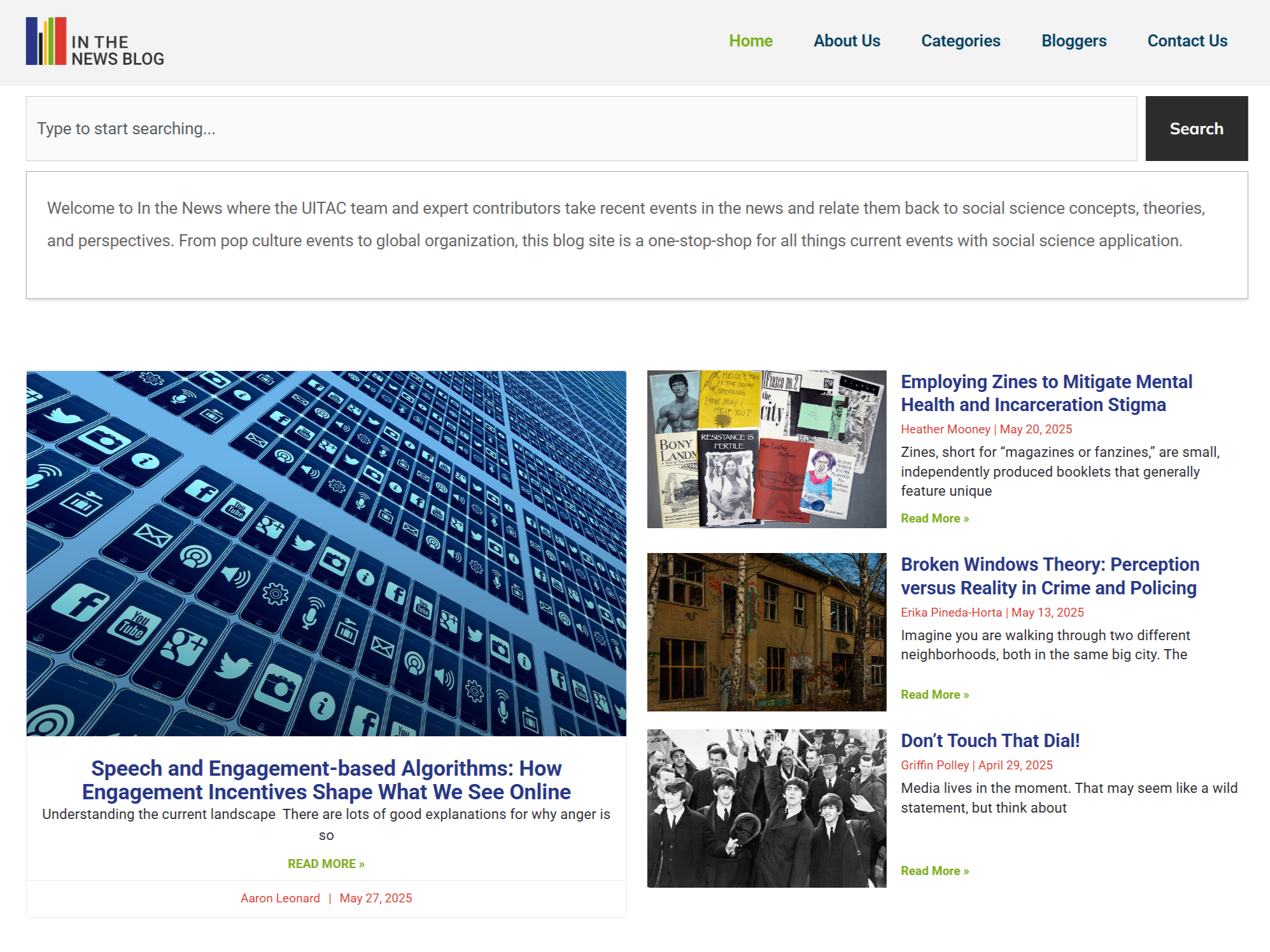 A screenshot of the In The News Blog homepage showing the most recently published blogs.