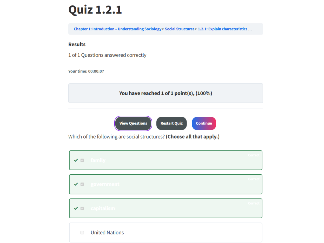 A screenshot of a graded quiz in SociologicalYOU.